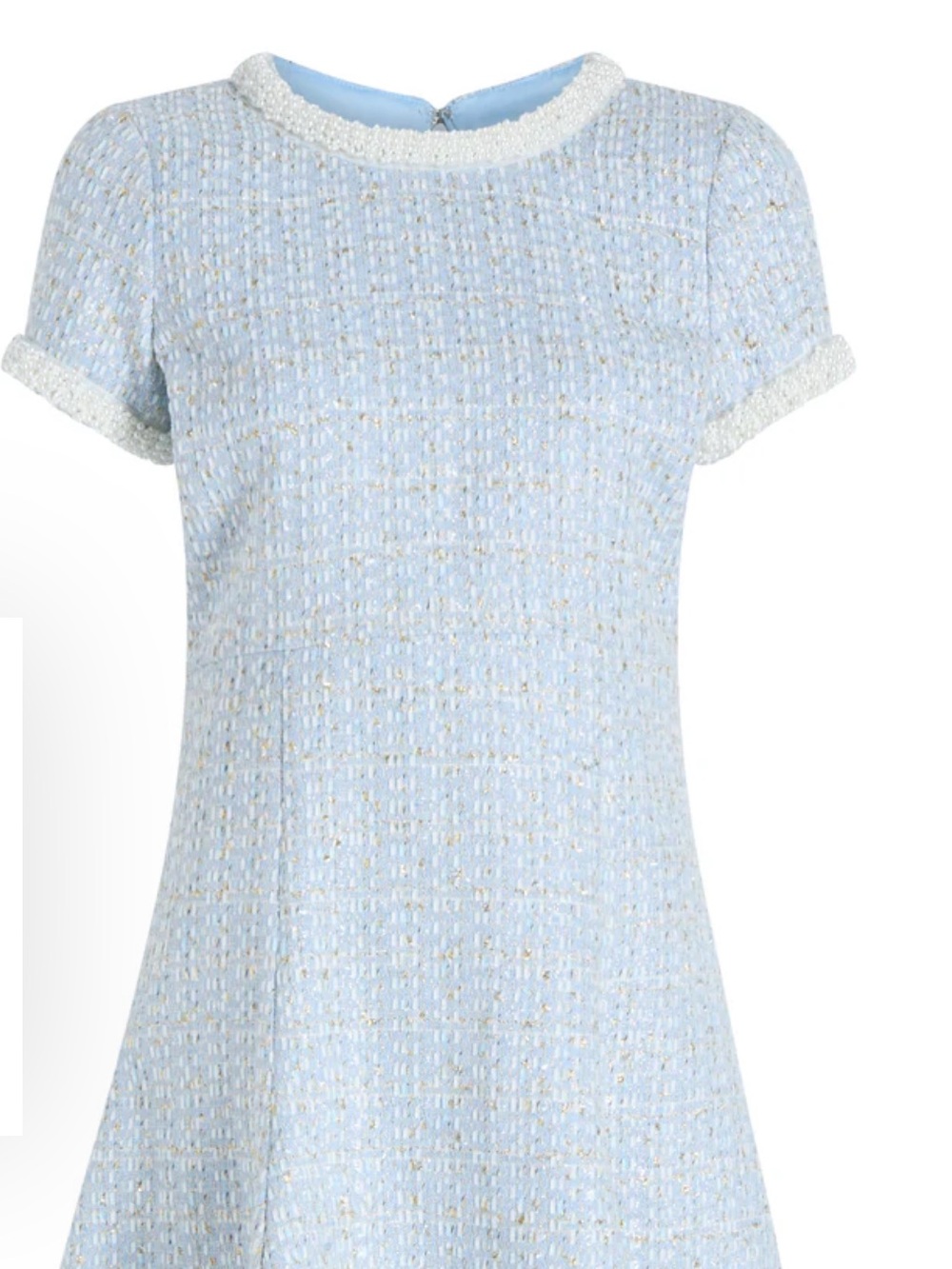 Likely Brie, Tweed Fit and Flare Mini Dress with Pearl and Bead Trim in Bluebell